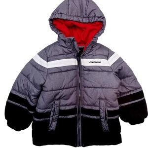 London Fog Kids Puffer Jacket Hooded‎ Gray Red Lined Size M 5-6 Winter Coat